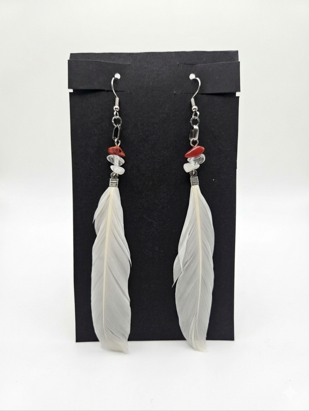 White Feather Dangle Earrings - Bohemian, Western, Festival - Picture 5 of 5